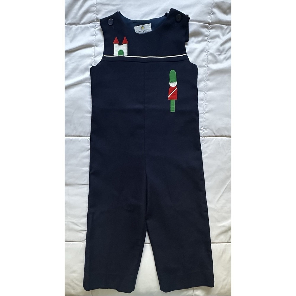 Vtg Florence EISEMAN 4T Blue Romper Pants Castle Soldier Embroidered